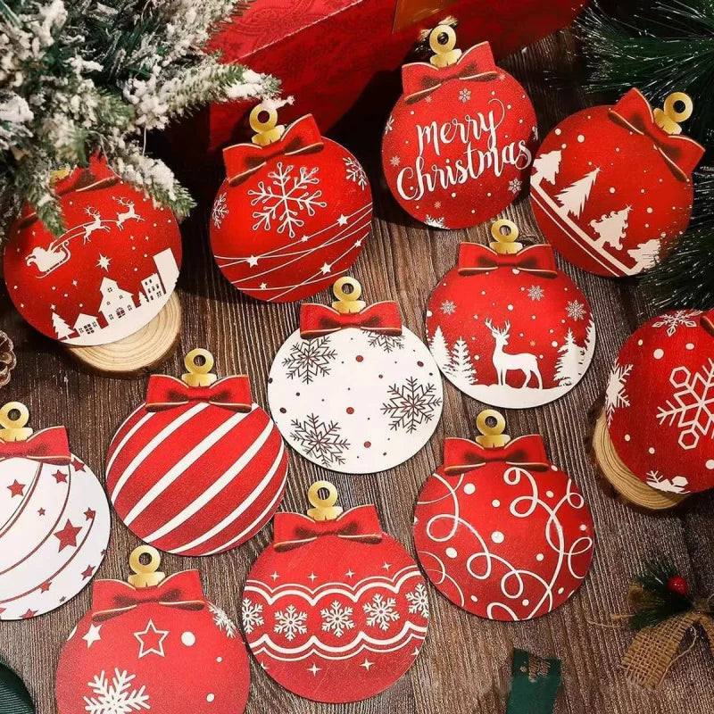 12pcs/set Red and White Wooden Christmas Ball Ornament