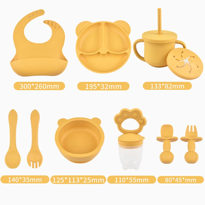 JOY_9PCS/Set BPA Free Silicone Baby Feeding Set Sucker Bowl Divided Dinning Plate Straw Cup Spoon Fork Adjustable Bib Children Dishe