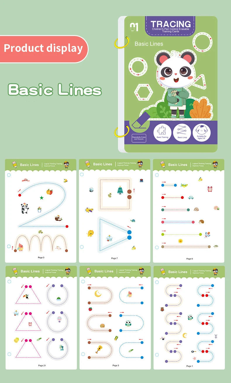 Kids Reusable Tracing Workbook – Early Learning Writing & Drawing Book with Erasable Pen