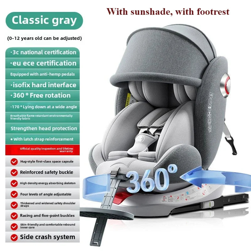 Little one _360° Rotating Child Car Safety Seat 0-12 Years Old Growth Safety Seat with Footrest and Sunshade ISOFIX Steel Interface