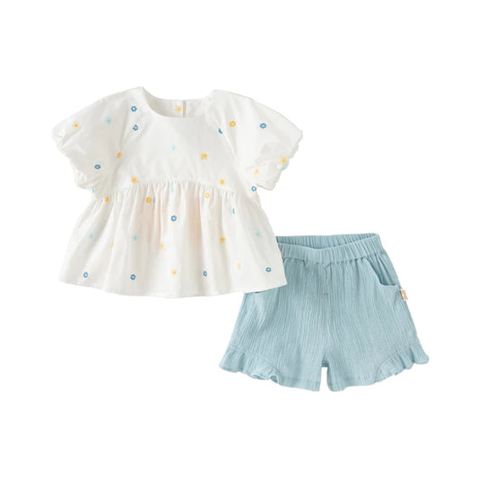 Two-Piece Girls Flower Thin Top Shorts Set