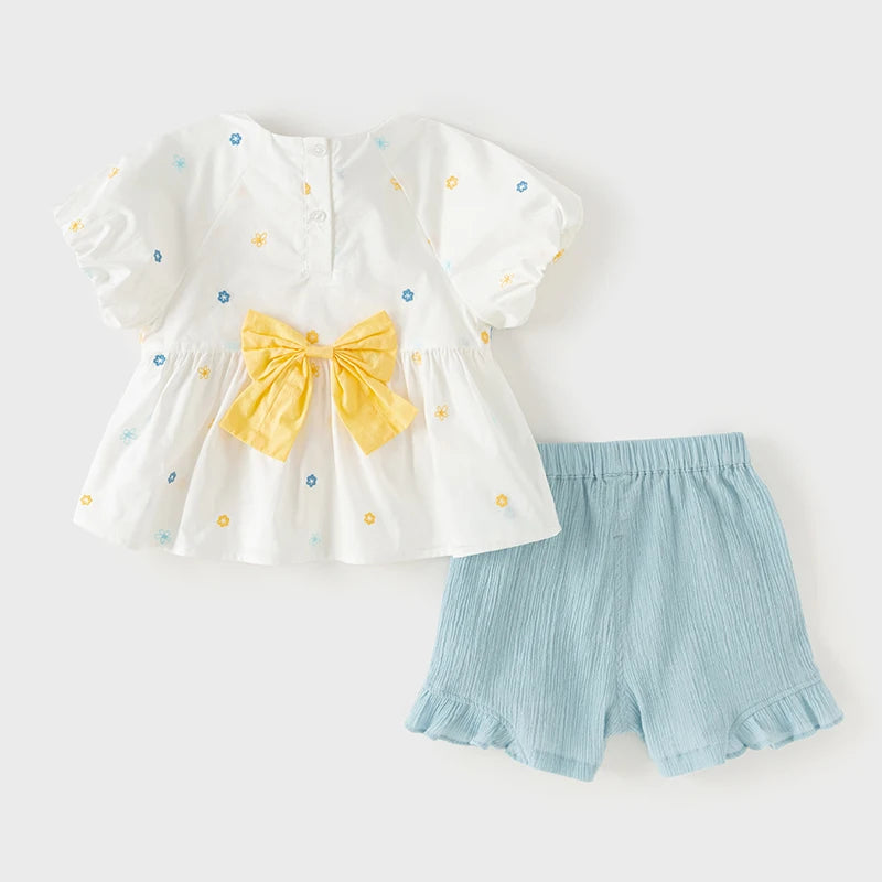 Two-Piece Girls Flower Thin Top Shorts Set