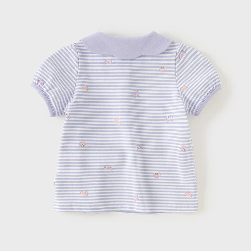 Little one_ Girls Short Sleeved Polo Shirt with Lapel T-shirt Summer Children's Clothing Kid Rainbow Print Top