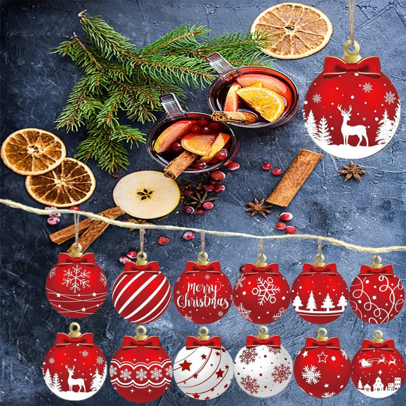 12pcs/set Red and White Wooden Christmas Ball Ornament