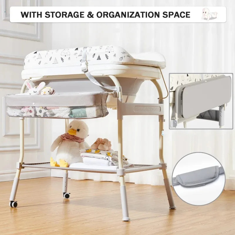 Bird _Baby Changing Table with Bathtub 2 in 1 Portable Foldable Infant Diaper Changing Table with Storage Tray 2 Wheels Anti-rollover