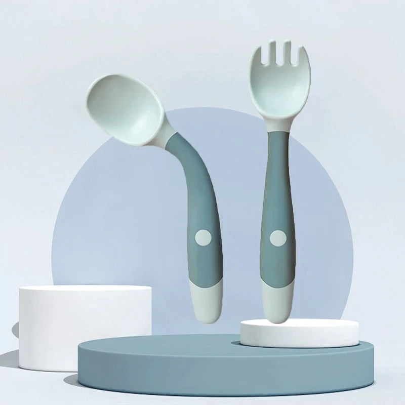 Little one_Bendable Twist Baby Fork And Spoon Set Learn To Eat Training Tableware Silicone PP Soft Spoon Soft Bendable