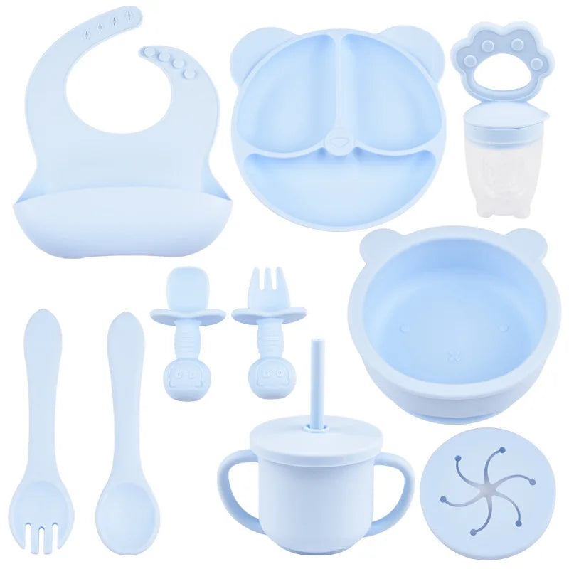 JOY_9PCS/Set BPA Free Silicone Baby Feeding Set Sucker Bowl Divided Dinning Plate Straw Cup Spoon Fork Adjustable Bib Children Dishe