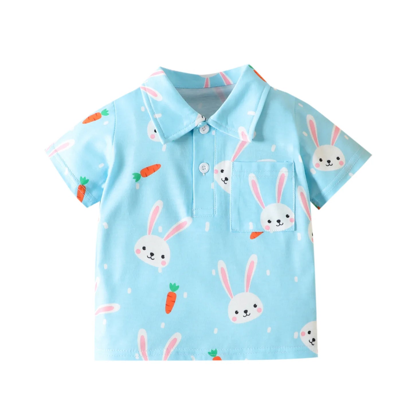 SUNNY_Boys Polo Shirts Short Sleeve Blue Cartoon Rabbit Print Kids Tops