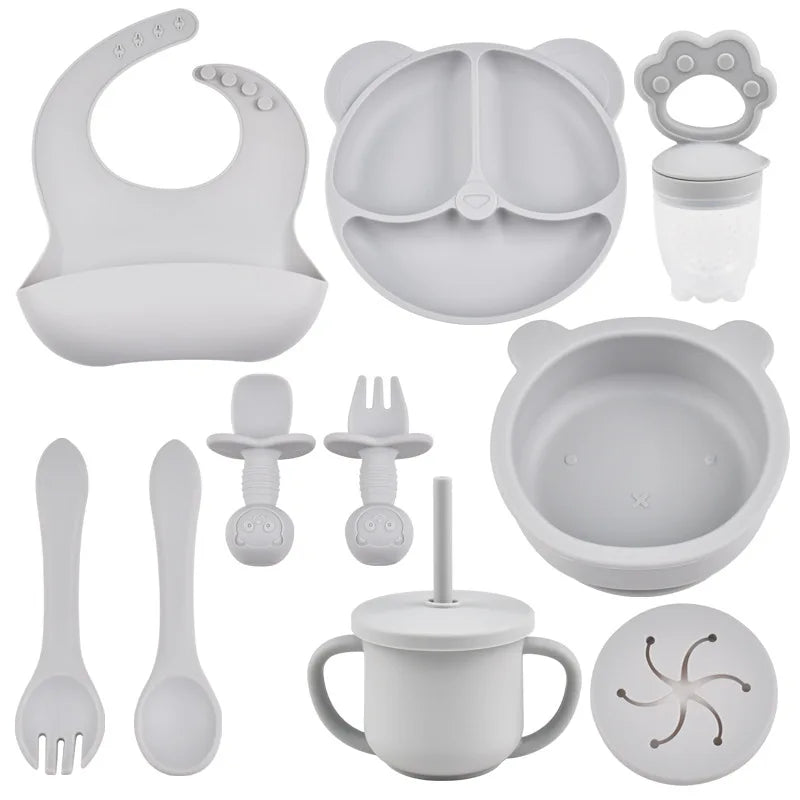 JOY_9PCS/Set BPA Free Silicone Baby Feeding Set Sucker Bowl Divided Dinning Plate Straw Cup Spoon Fork Adjustable Bib Children Dishe