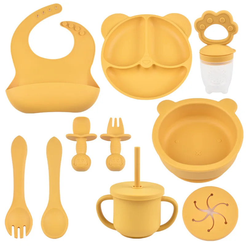 JOY_9PCS/Set BPA Free Silicone Baby Feeding Set Sucker Bowl Divided Dinning Plate Straw Cup Spoon Fork Adjustable Bib Children Dishe
