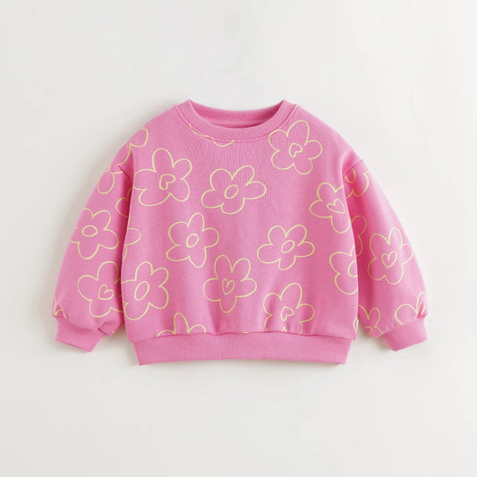PRETTY_ Girls Loose Fit Heart Flower Sweatshirt Soft Ribbed Crew Neck Tops