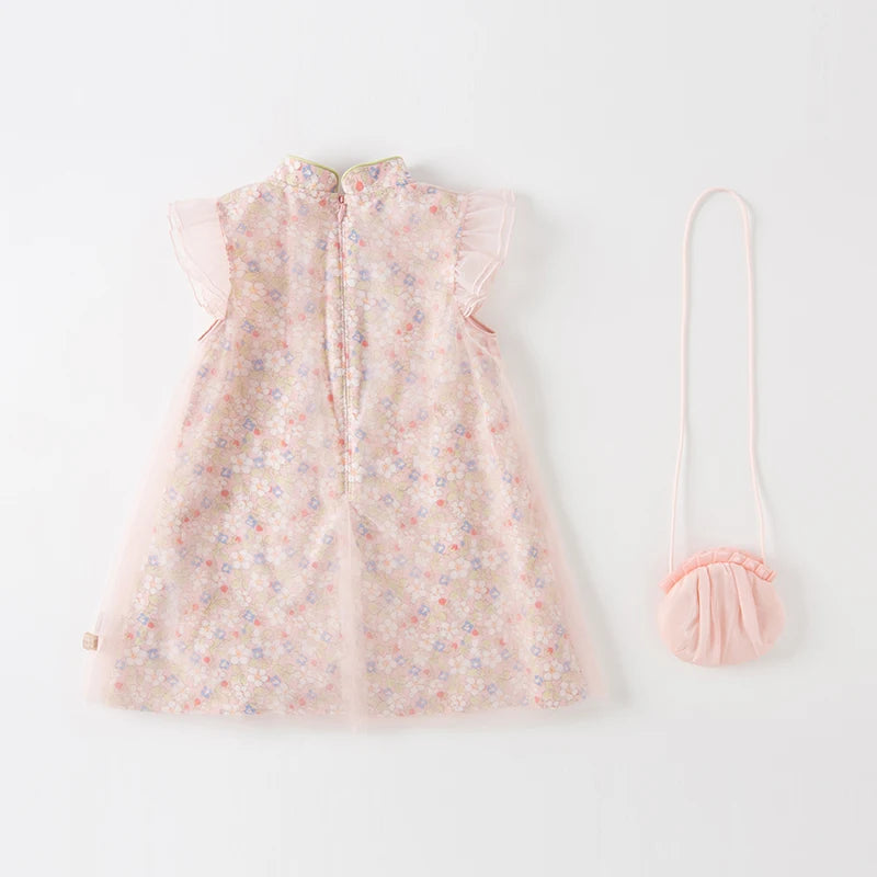 FLOWRY_ Pink Floral Print Children's Girls Cheongsam Style Dress