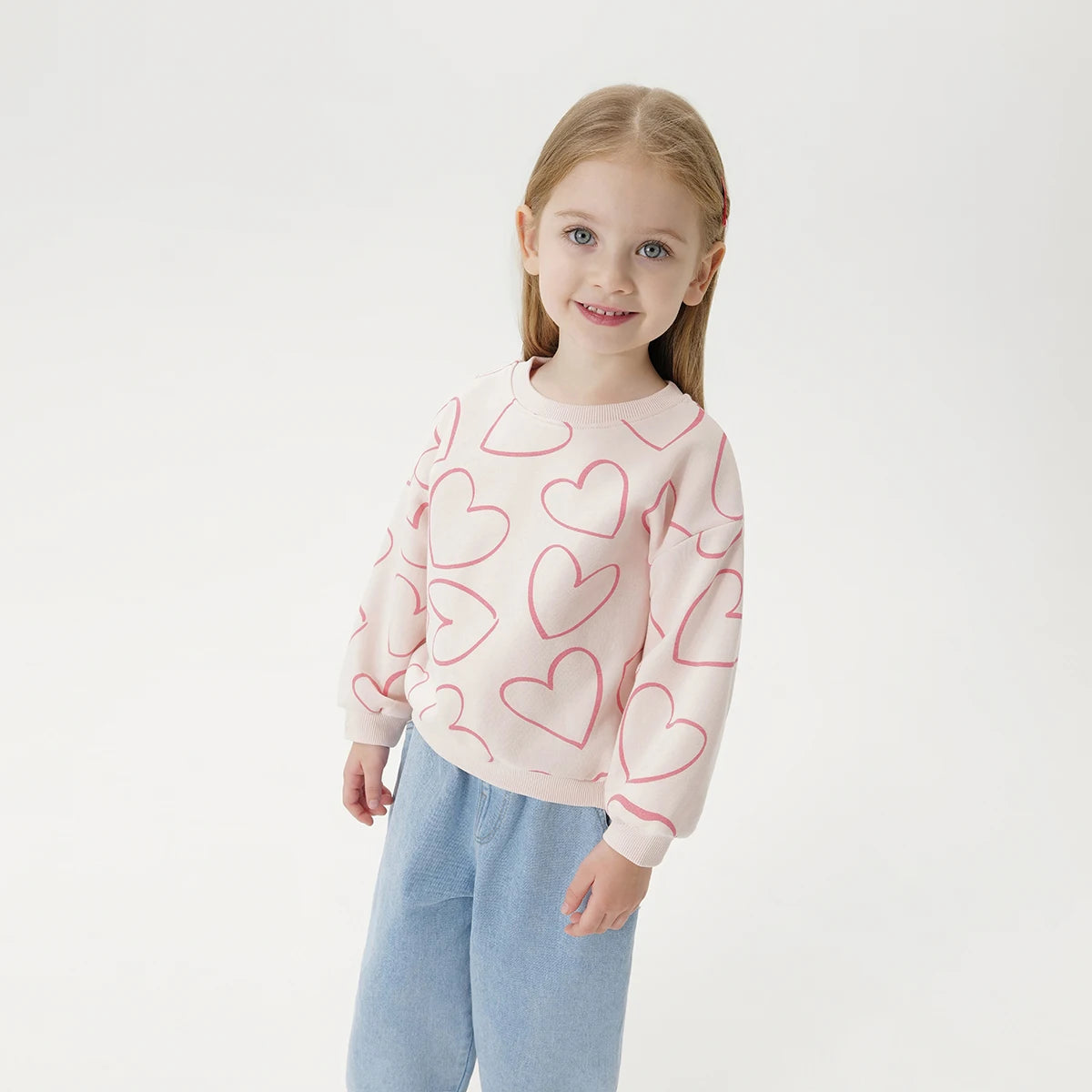 PRETTY_ Girls Loose Fit Heart Flower Sweatshirt Soft Ribbed Crew Neck Tops