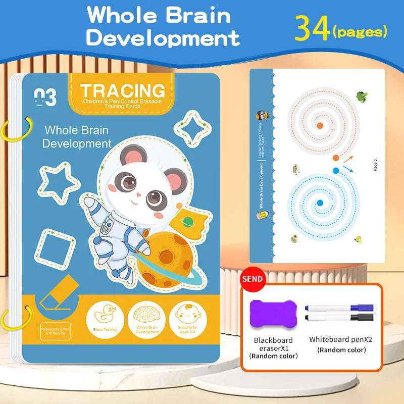 Kids Reusable Tracing Workbook – Early Learning Writing & Drawing Book with Erasable Pen