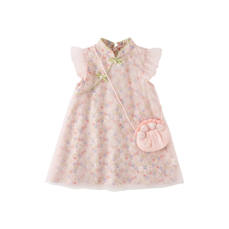 FLOWRY_ Pink Floral Print Children's Girls Cheongsam Style Dress
