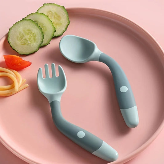 Little one_Bendable Twist Baby Fork And Spoon Set Learn To Eat Training Tableware Silicone PP Soft Spoon Soft Bendable