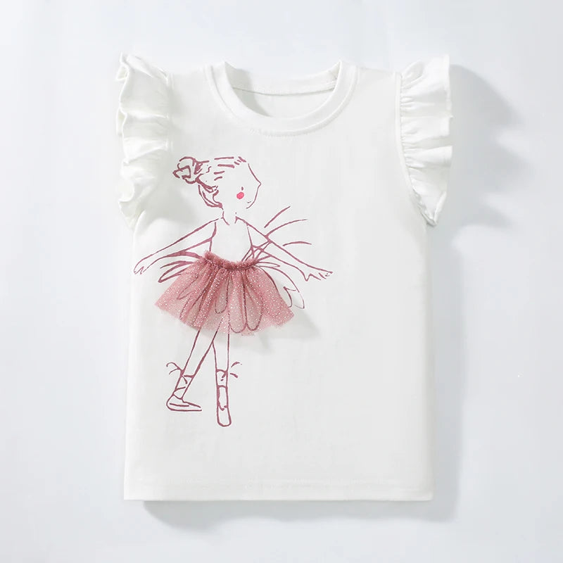 Little one_ Baby Girls Children's Clothing  Summer Clothes Toddler Lotus Leaf SleeveCartoon Ballet T Shirts