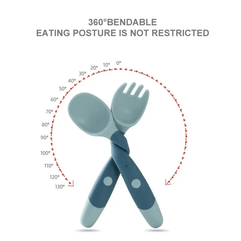 Little one_Bendable Twist Baby Fork And Spoon Set Learn To Eat Training Tableware Silicone PP Soft Spoon Soft Bendable