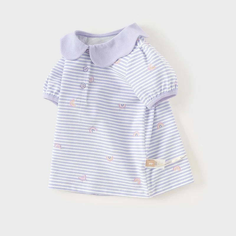 Little one_ Girls Short Sleeved Polo Shirt with Lapel T-shirt Summer Children's Clothing Kid Rainbow Print Top