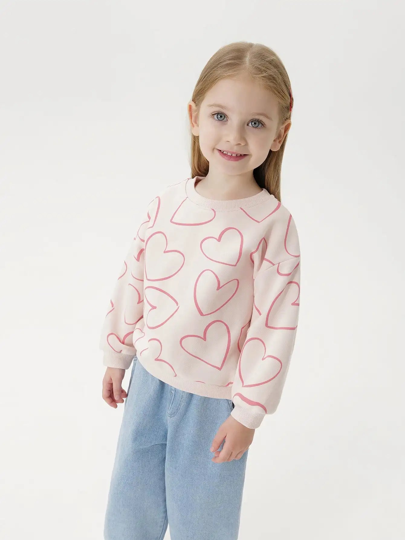 PRETTY_ Girls Loose Fit Heart Flower Sweatshirt Soft Ribbed Crew Neck Tops