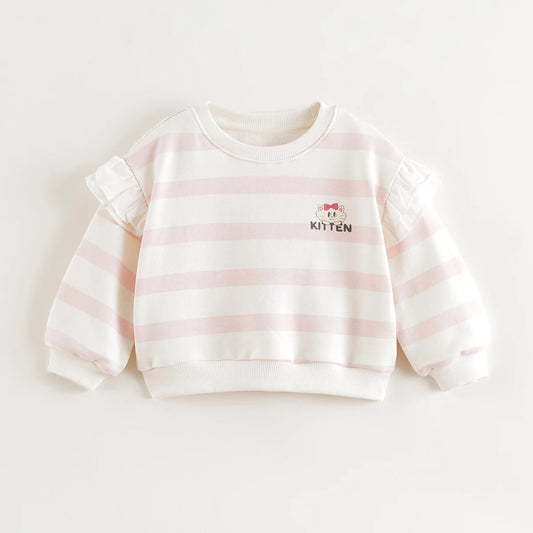 JOY_ Girls Fashions Sweet Lace Sleeve Soft Stretchy Stripe Sweatshirt