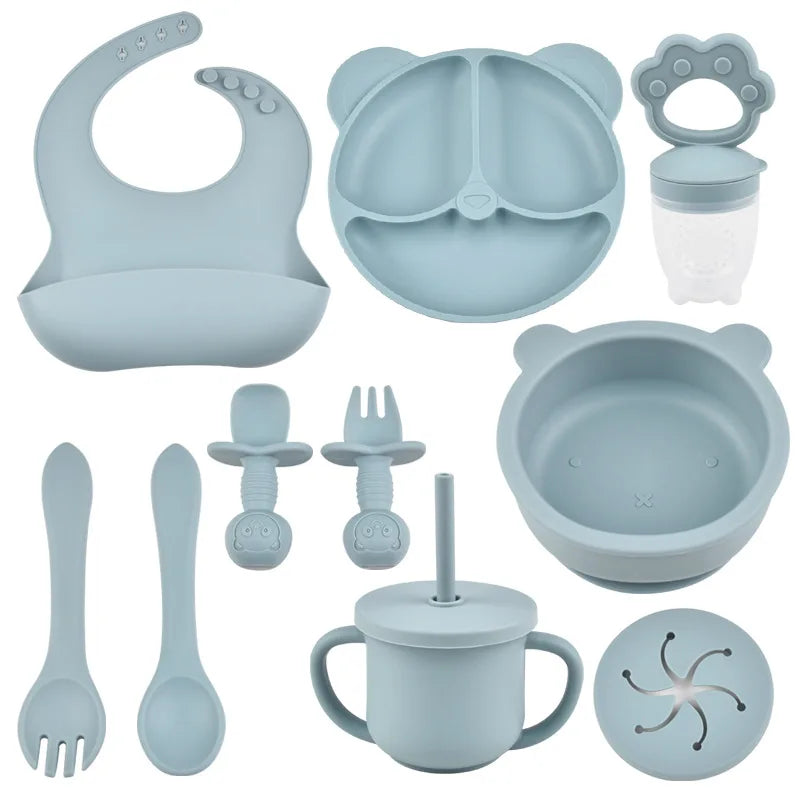 JOY_9PCS/Set BPA Free Silicone Baby Feeding Set Sucker Bowl Divided Dinning Plate Straw Cup Spoon Fork Adjustable Bib Children Dishe
